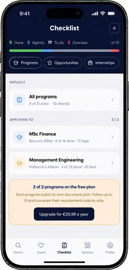 Neuture.ai checklist: one list per program with deadlines