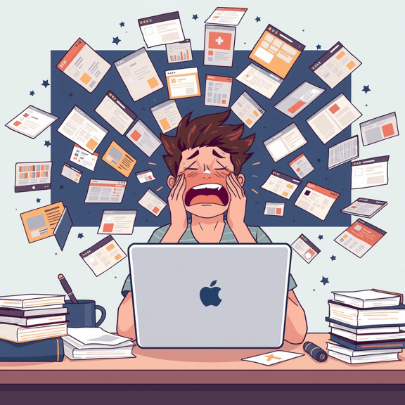 Stressed student at a desk overwhelmed by dozens of university application tabs and documents, symbolizing the complexity of choosing a university